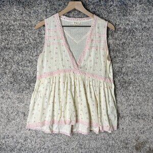 POL Tank Top Womens Small White Floral Eyelet Lace Trim Ruffle Hem Boho Tunic